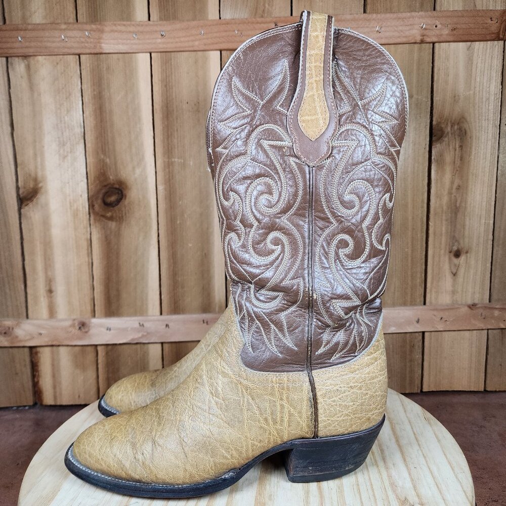VTG Hondo Boots Mens 6.5 Tan Elephant Leather Western Rodeo‎ Cowboy Exotic 80s
